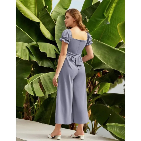 LIUMILAC Tie Back Jumpsuit Vacation Loose Square Neck Short Sleeve Rompers Jumps - Picture 2 of 15